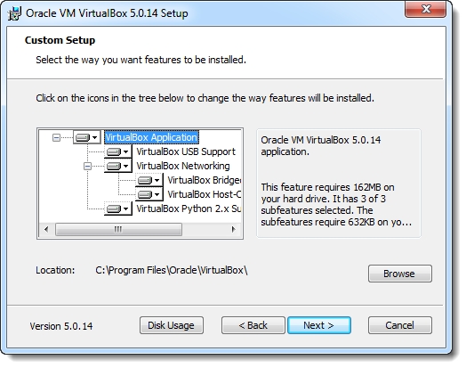 características a instalar de VirtualBox